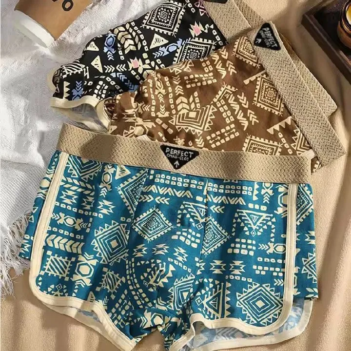 3PCS/SET Men's Underwear American Retro Ethnic Style Flat Leg Pants Breathable Soft Men Underpant Trendy Men's Boxer Shorts