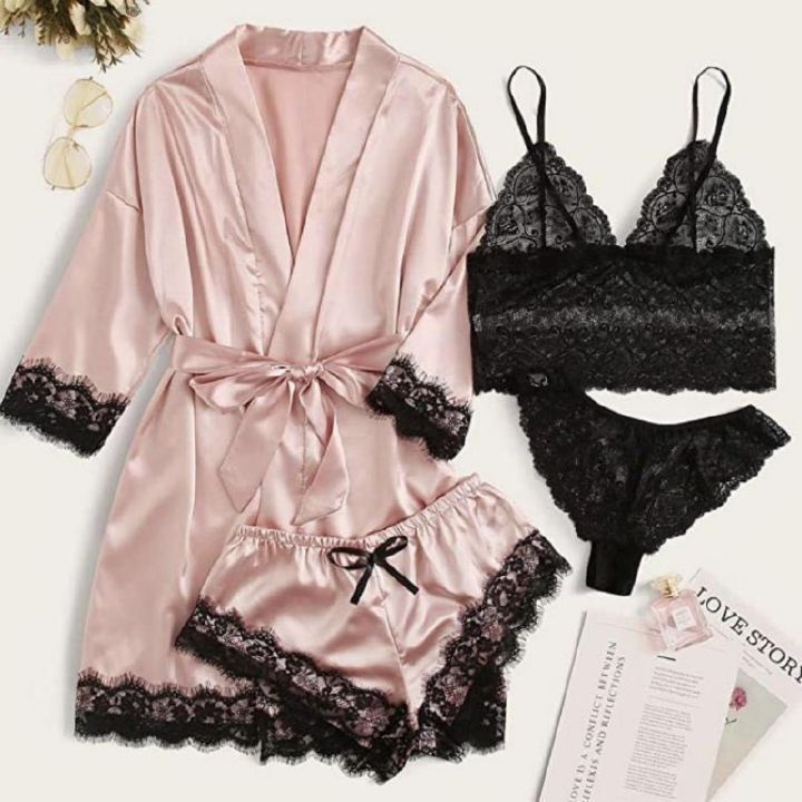 4PCS Lace Stitching Satin Women Pajama Set, Long Sleeve Robe With Belt & Floral Lace Cami Top & Panties & Shorts, women‘s night dressWomen's Sleepwear women clothes