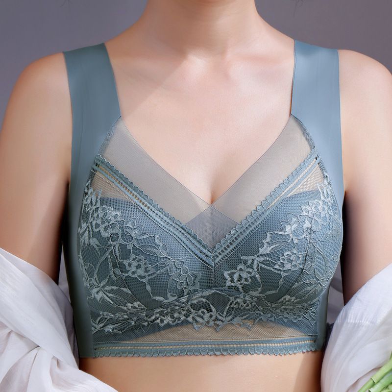New Arrival Sexy lace plus size undershirt non-marking ice silk gathering breathable thin section of the bra beautiful back without steel ring bra large breasts show small fixed underwear
