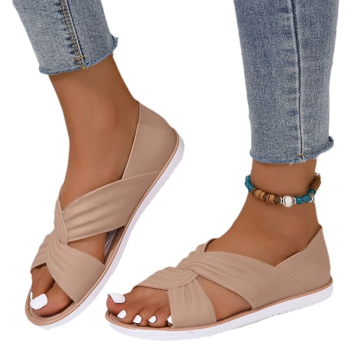 Ladies Sandals  Summer Casual Comfortable Non-slip Soft Bottom Simple Open Toe Flat Sandals Slippers Seaside Beach Shoes Korean Flat Leisure Women's Slippers