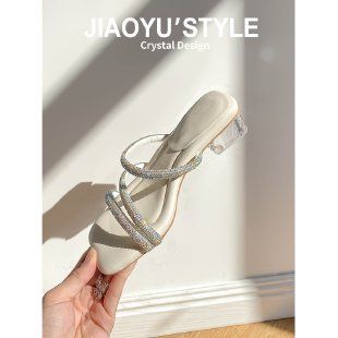 Stepping shit feeling ~ crystal sandals slippers ladies fine heel rhinestone exquisite fashionable women's high heels shoes fairy style 2024 new summer high heels Mid Heels Bling Shoes High Heels Sand