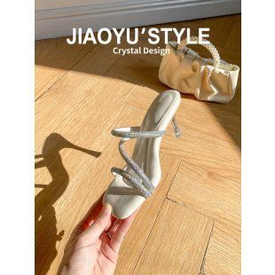 Stepping shit feeling ~ crystal sandals slippers ladies fine heel rhinestone exquisite fashionable women's high heels shoes fairy style 2024 new summer high heels Mid Heels Bling Shoes High Heels Sand