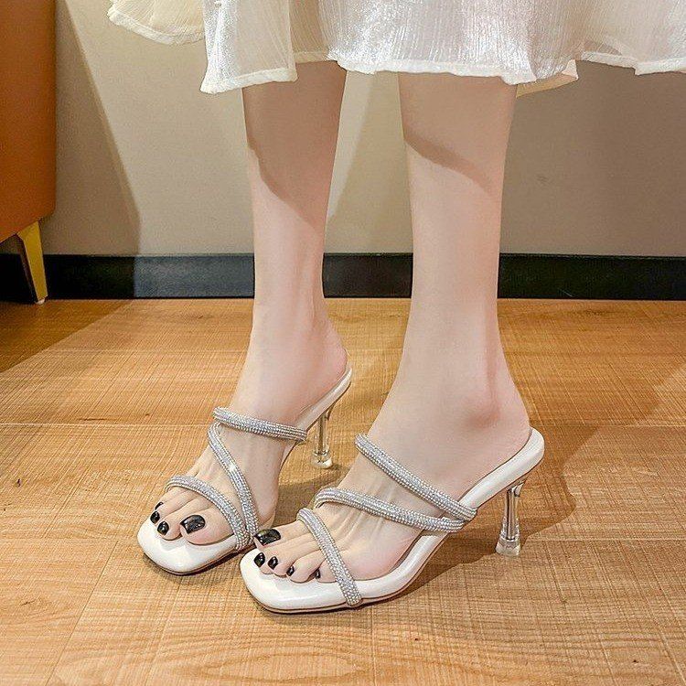 Stepping shit feeling ~ crystal sandals slippers ladies fine heel rhinestone exquisite fashionable women's high heels shoes fairy style 2024 new summer high heels Mid Heels Bling Shoes High Heels Sand