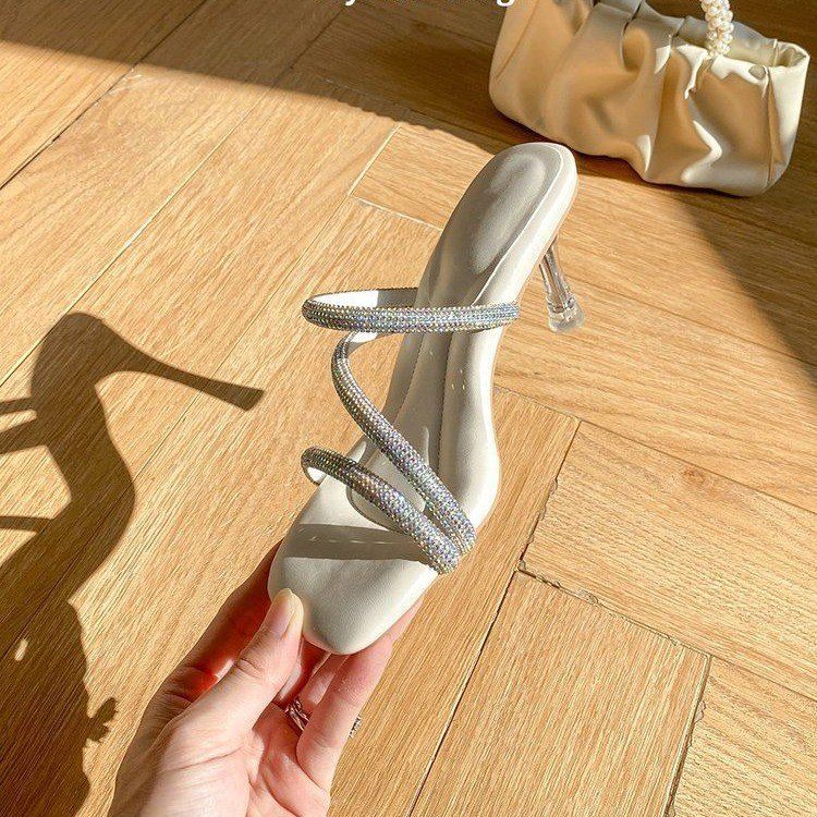 Stepping shit feeling ~ crystal sandals slippers ladies fine heel rhinestone exquisite fashionable women's high heels shoes fairy style 2024 new summer high heels Mid Heels Bling Shoes High Heels Sand