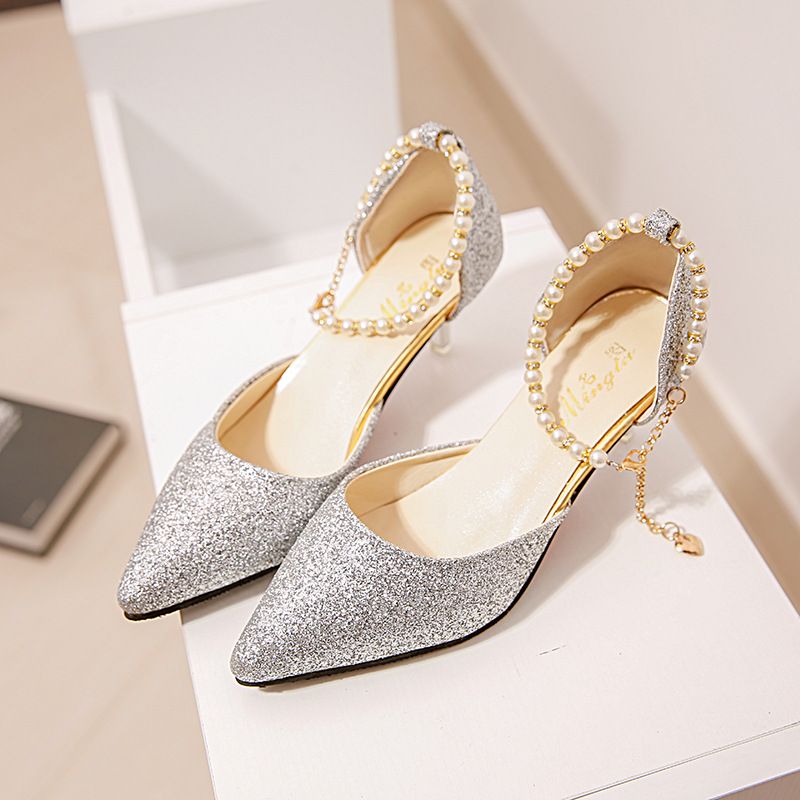 Shiny gold pointed toe high heels Korean version of the fashion sequins high heels beaded women's sandals Pointed With Silver Fine With Women's Shoes Bridesmaid Wedding Shoes