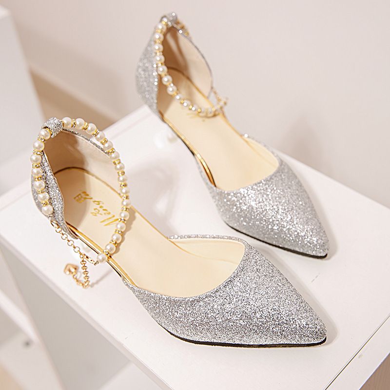 Shiny gold pointed toe high heels Korean version of the fashion sequins high heels beaded women's sandals Pointed With Silver Fine With Women's Shoes Bridesmaid Wedding Shoes