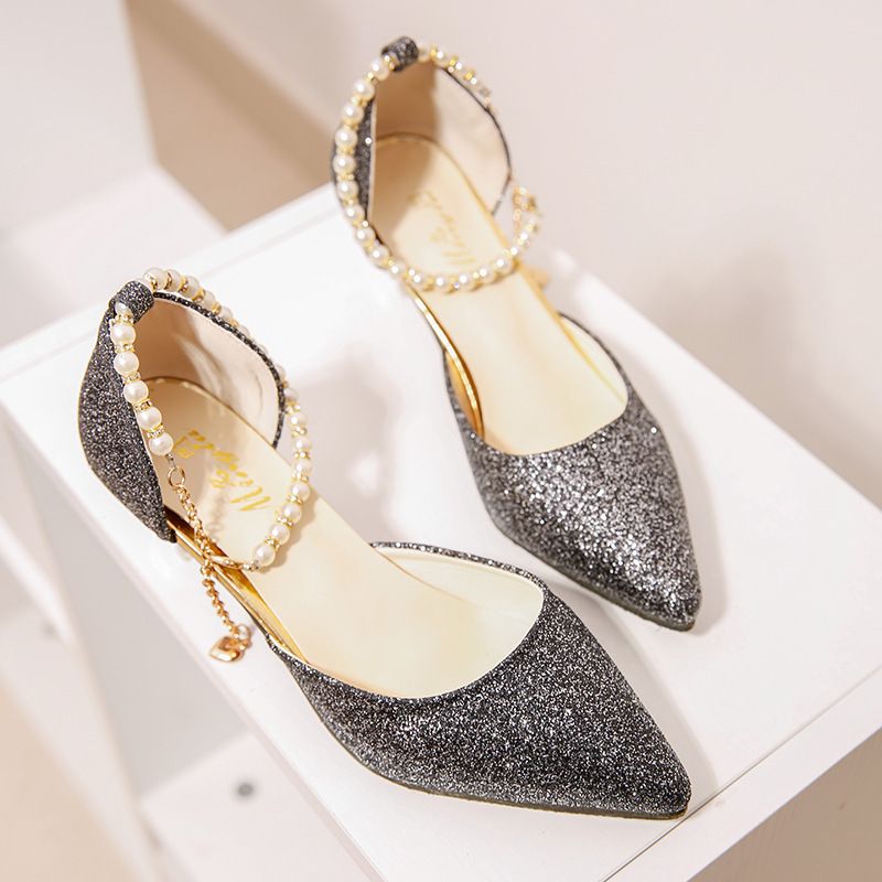 Shiny gold pointed toe high heels Korean version of the fashion sequins high heels beaded women's sandals Pointed With Silver Fine With Women's Shoes Bridesmaid Wedding Shoes
