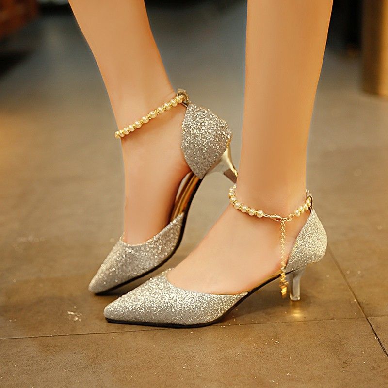 Shiny gold pointed toe high heels Korean version of the fashion sequins high heels beaded women's sandals Pointed With Silver Fine With Women's Shoes Bridesmaid Wedding Shoes