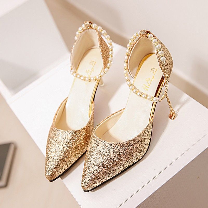 Shiny gold pointed toe high heels Korean version of the fashion sequins high heels beaded women's sandals Pointed With Silver Fine With Women's Shoes Bridesmaid Wedding Shoes