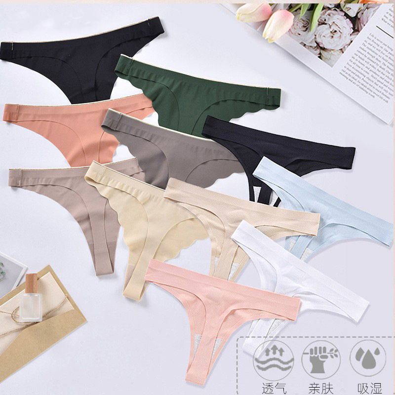 CINVIK 3PC New Women's Panties Solid Color Ice Silk Wavy Edge Traceless Low Waist Sexy Thong Crotch Cotton Inner Gear T Pants