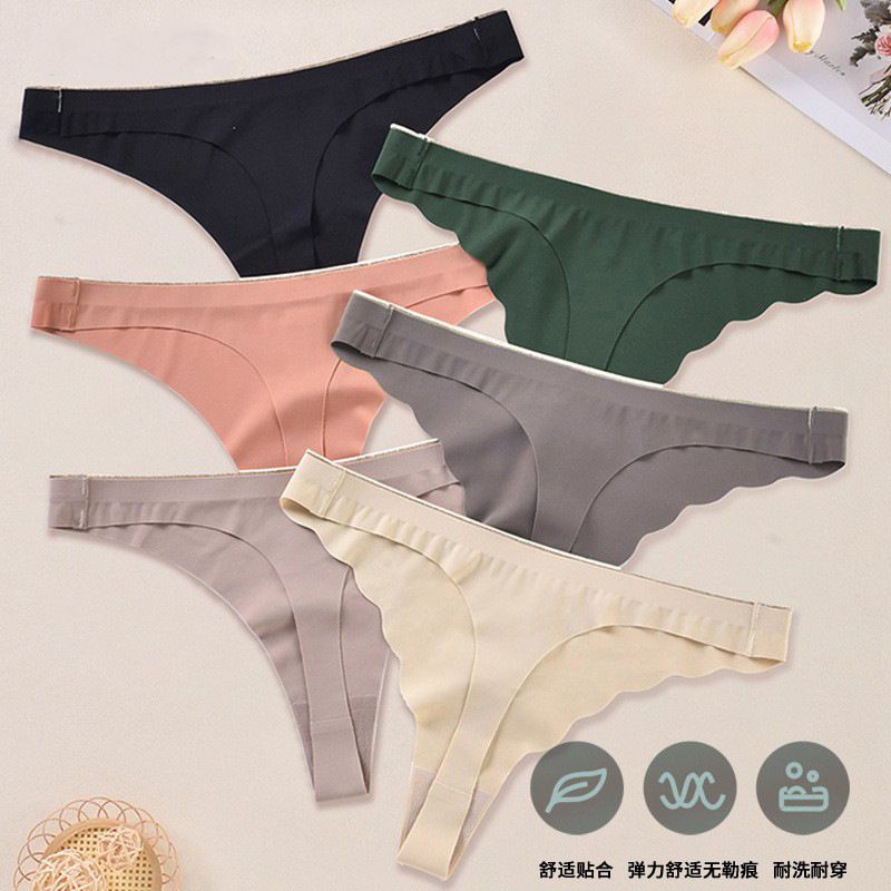 CINVIK 3PC New Women's Panties Solid Color Ice Silk Wavy Edge Traceless Low Waist Sexy Thong Crotch Cotton Inner Gear T Pants