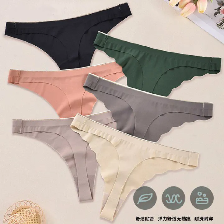 CINVIK 3PC New Women's Panties Solid Color Ice Silk Wavy Edge Traceless Low Waist Sexy Thong Crotch Cotton Inner Gear T Pants