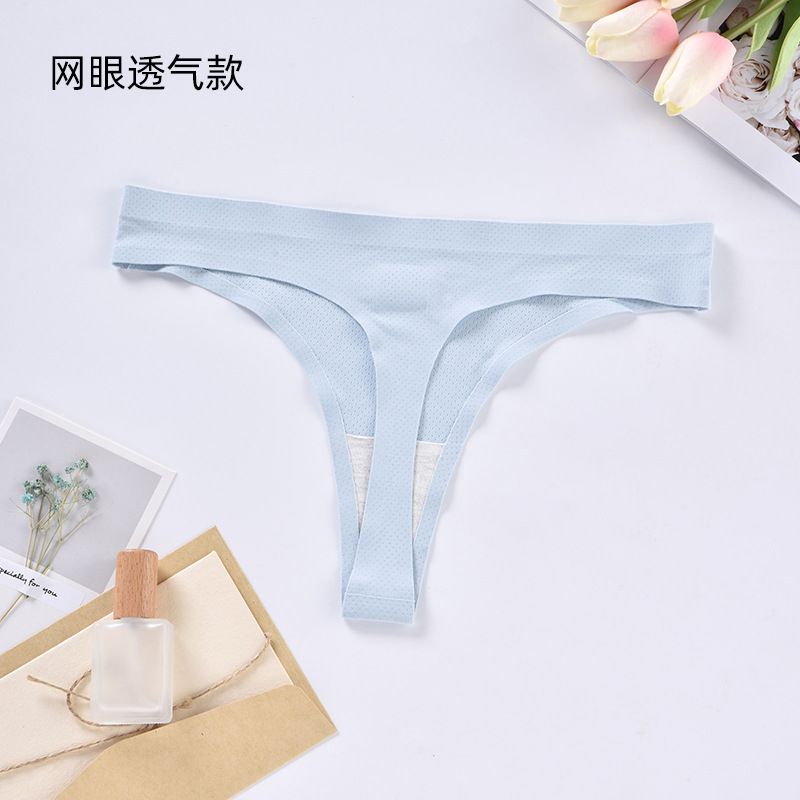 CINVIK 3PC New Women's Panties Solid Color Ice Silk Wavy Edge Traceless Low Waist Sexy Thong Crotch Cotton Inner Gear T Pants