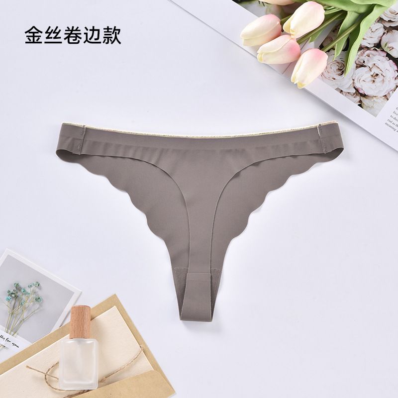 CINVIK 3PC New Women's Panties Solid Color Ice Silk Wavy Edge Traceless Low Waist Sexy Thong Crotch Cotton Inner Gear T Pants