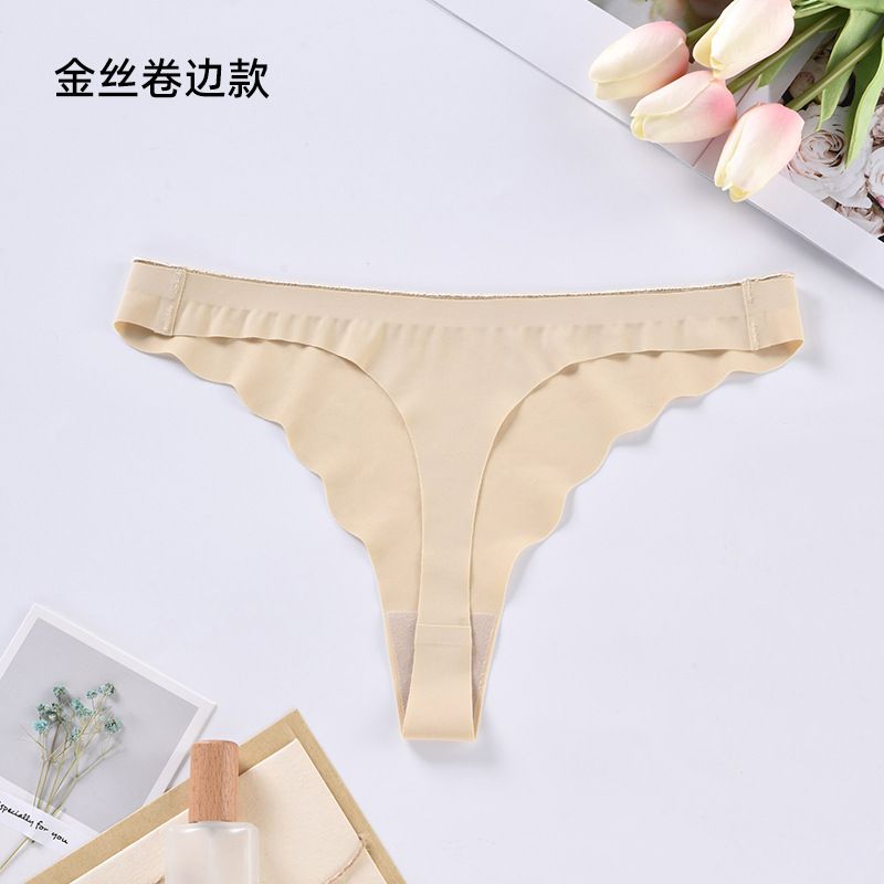 CINVIK 3PC New Women's Panties Solid Color Ice Silk Wavy Edge Traceless Low Waist Sexy Thong Crotch Cotton Inner Gear T Pants
