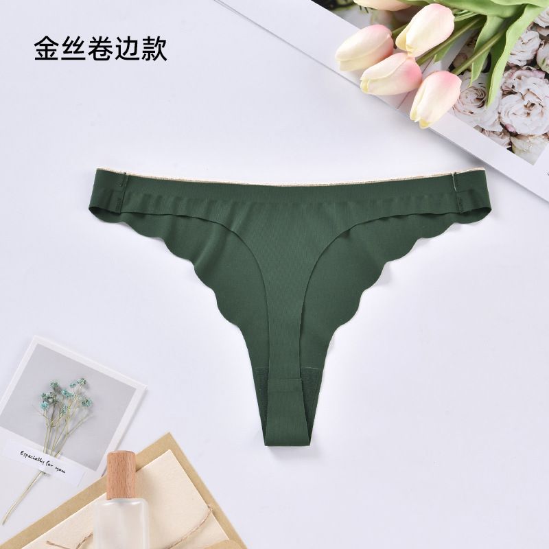 CINVIK 3PC New Women's Panties Solid Color Ice Silk Wavy Edge Traceless Low Waist Sexy Thong Crotch Cotton Inner Gear T Pants