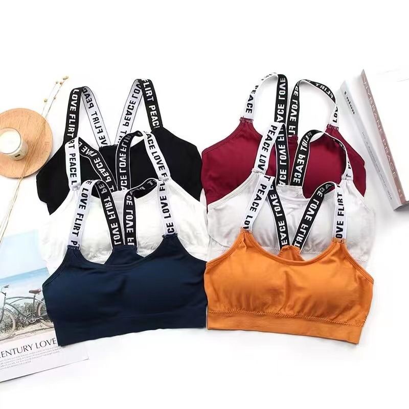 2PC Women’s seamless wrapped chest rag chest ladies lingerie Sports Bra girl no steel ring letter straps sling bra with removable bra pads