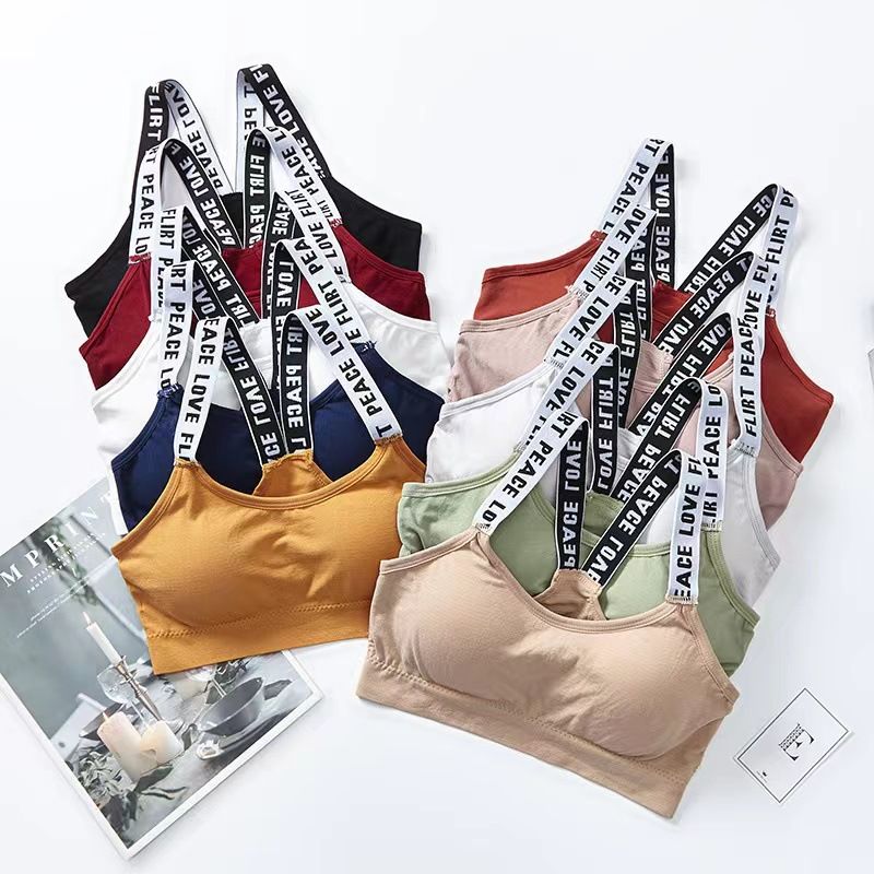 2PC Women’s seamless wrapped chest rag chest ladies lingerie Sports Bra girl no steel ring letter straps sling bra with removable bra pads