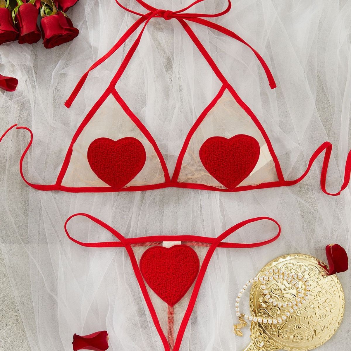 2PC/Set New Valentine's Day multi-color erotic lingerie sexy mesh see-through love heart suspender belt temptation thong Sexy Erotic Lingerie for Women Sexy see-through love heart mesh Sexy Body Suit
