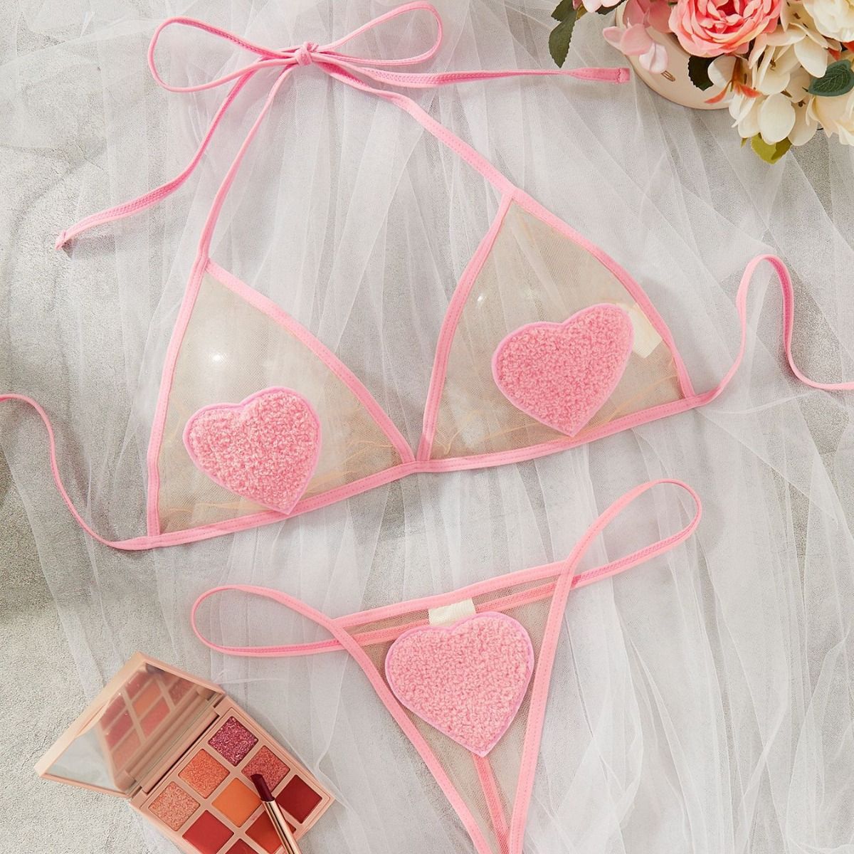 2PC/Set New Valentine's Day multi-color erotic lingerie sexy mesh see-through love heart suspender belt temptation thong Sexy Erotic Lingerie for Women Sexy see-through love heart mesh Sexy Body Suit