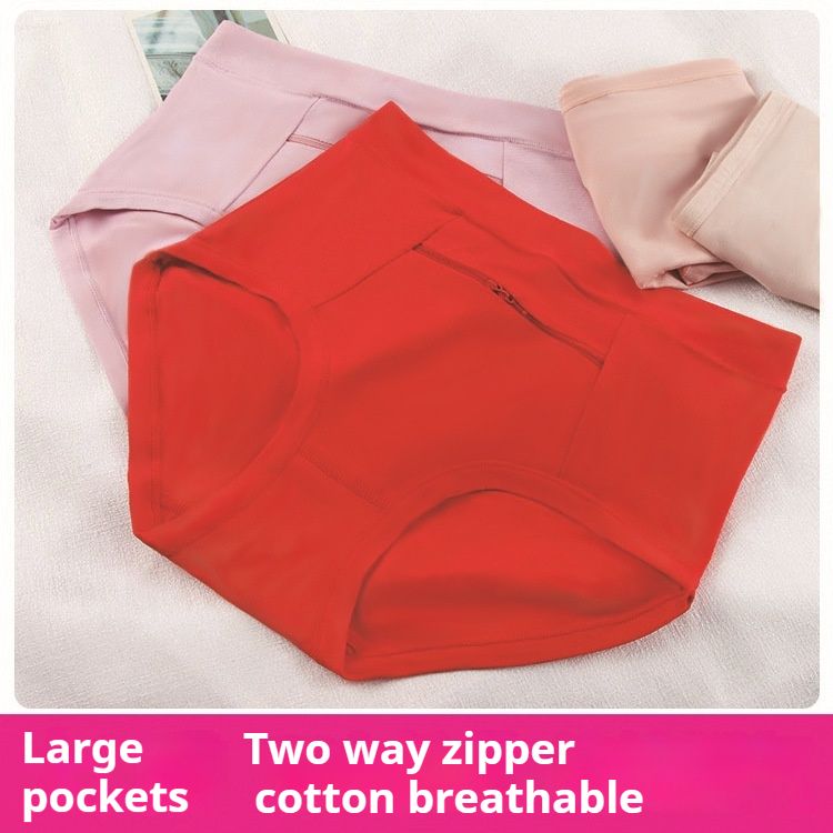 3PC Women's cotton panties with zipper large pocket anti-theft panties women's high-waisted large size belly zipper pocket panties