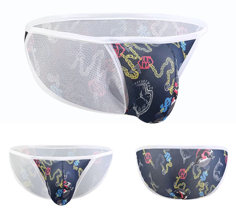 4PC European and American sexy low-waisted men's Underwear cartoon printing breathable U convex trend of high open triangle underpants Men's sexy low-waisted Youth Sexy Thong Valentine Gifts
