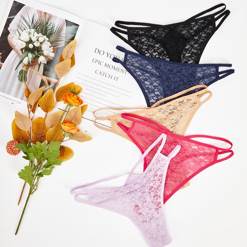 5PC New arrival Women's lace underwear low-rise panties solid color thong women's temptation non-marking fitness thong low waist spaghetti strap thong Ladies fashion hollow out panties Girls translu