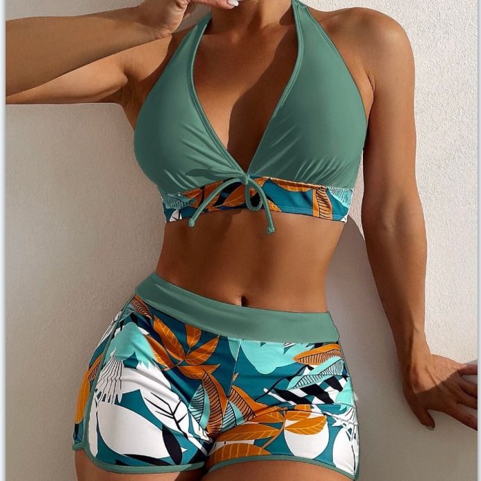 2PC/Set  New Women's Swimwear Set Split High Waist Panel Lace Up Flat Angle Sporty Surfing Bikini Set flat bikini high waist swimsuit