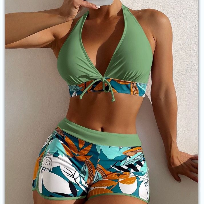 2PC/Set  New Women's Swimwear Set Split High Waist Panel Lace Up Flat Angle Sporty Surfing Bikini Set flat bikini high waist swimsuit