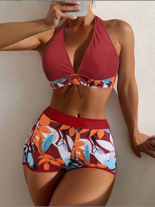 2PC/Set  New Women's Swimwear Set Split High Waist Panel Lace Up Flat Angle Sporty Surfing Bikini Set flat bikini high waist swimsuit