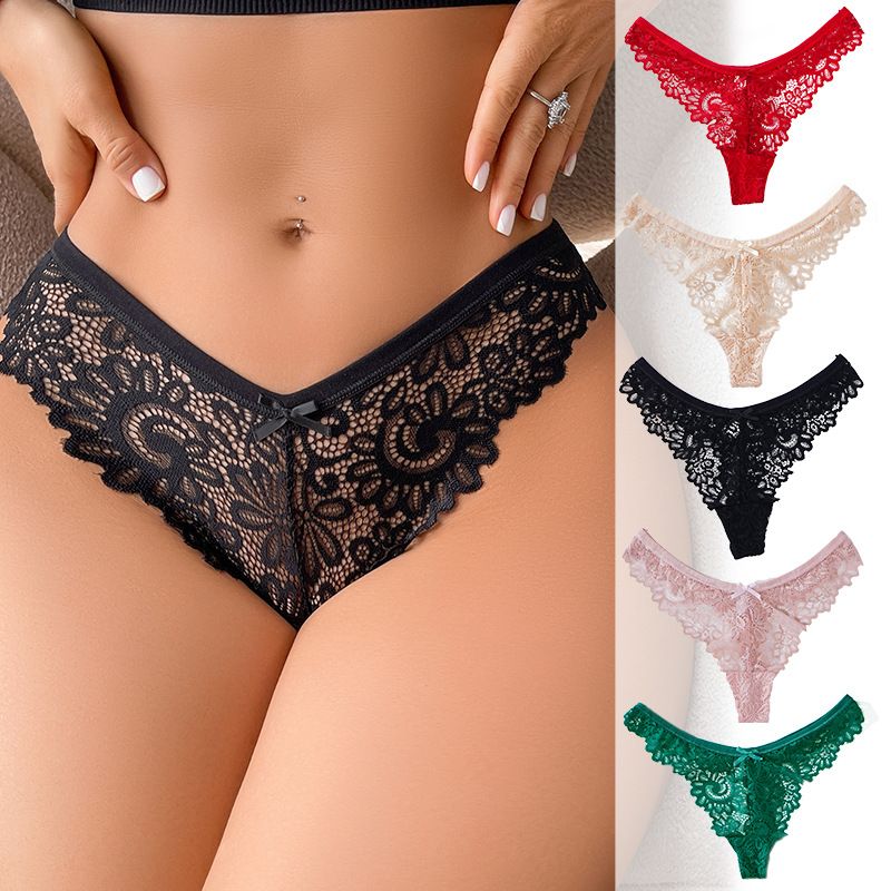 5PC New Arrival Women’s lace underwear Ladies Lingerie low waist panties bow hollow cotton crotch mid-waist lace briefs solid color briefs Soft breathable comfortable lace fabric