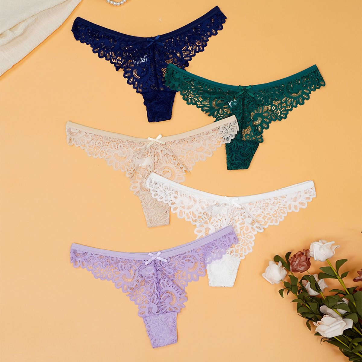 5PC New Arrival Women’s lace underwear Ladies Lingerie low waist panties bow hollow cotton crotch mid-waist lace briefs solid color briefs Soft breathable comfortable lace fabric