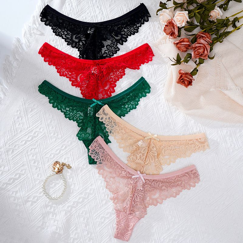 5PC New Arrival Women’s lace underwear Ladies Lingerie low waist panties bow hollow cotton crotch mid-waist lace briefs solid color briefs Soft breathable comfortable lace fabric