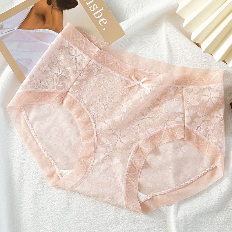 4PC Women’s lace underwear Ladies sexy pure desire mid-waist lace panties lace trim high elasticity ladies panties breathable nude sensation no trace light ladies triangle panties solid color briefs