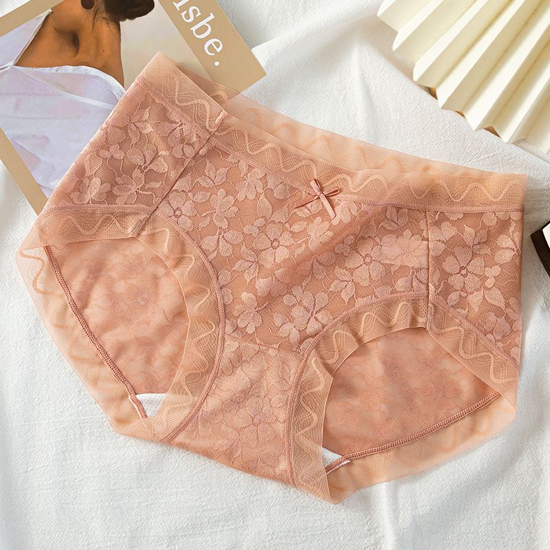 4PC Women’s lace underwear Ladies sexy pure desire mid-waist lace panties lace trim high elasticity ladies panties breathable nude sensation no trace light ladies triangle panties solid color briefs
