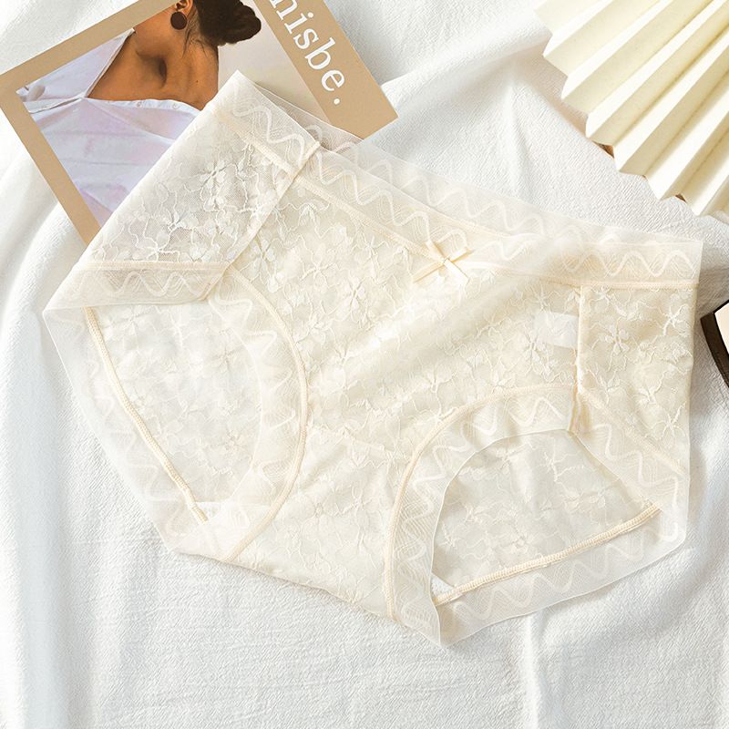 4PC Women’s lace underwear Ladies sexy pure desire mid-waist lace panties lace trim high elasticity ladies panties breathable nude sensation no trace light ladies triangle panties solid color briefs