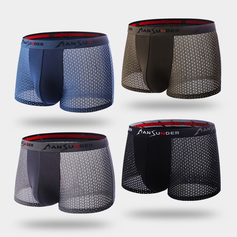 4PC Men’s Breathable Underwear Summer Ice Silk Men's boxer briefs breathable fast drying thin section Mesh Boxer Shorts Soft stretch comfortable Polyester fabric