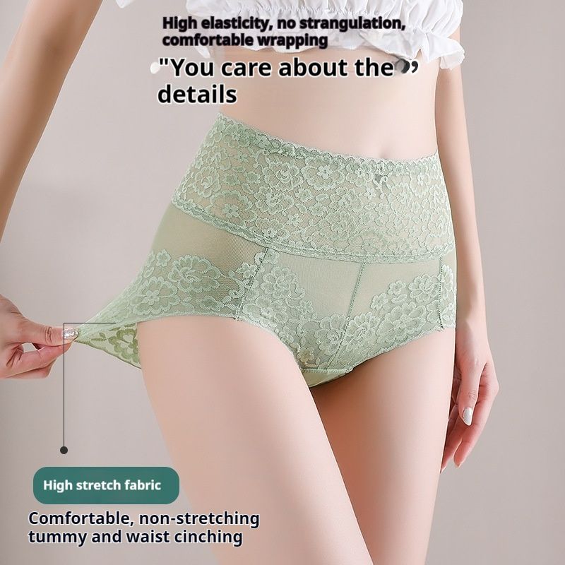 3PC New Arrival New Style Pattern Lace High Waist Abdomen Hip Raise Lace Cotton Crotch Large Size Ladies Panties High Elasticity Ladies Panties High Waist Slimming Panty Waist Trainer Lace Pants