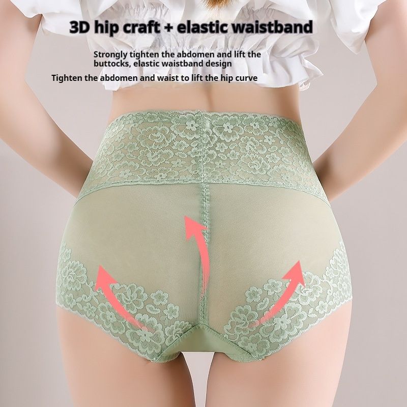 3PC New Arrival New Style Pattern Lace High Waist Abdomen Hip Raise Lace Cotton Crotch Large Size Ladies Panties High Elasticity Ladies Panties High Waist Slimming Panty Waist Trainer Lace Pants