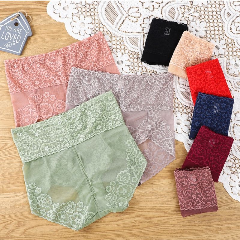 3PC New Arrival New Style Pattern Lace High Waist Abdomen Hip Raise Lace Cotton Crotch Large Size Ladies Panties High Elasticity Ladies Panties High Waist Slimming Panty Waist Trainer Lace Pants