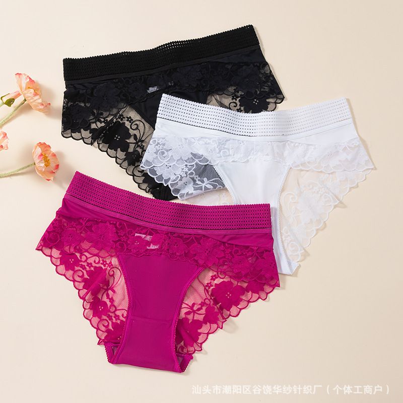 3PC Women's Comfort Lace Panties Women's Wide Waistband Mid-High Waist Hollow Out See Through Lace Triangle Panties cotton crotch see-through lace girls panties plus size Women's lace Panties