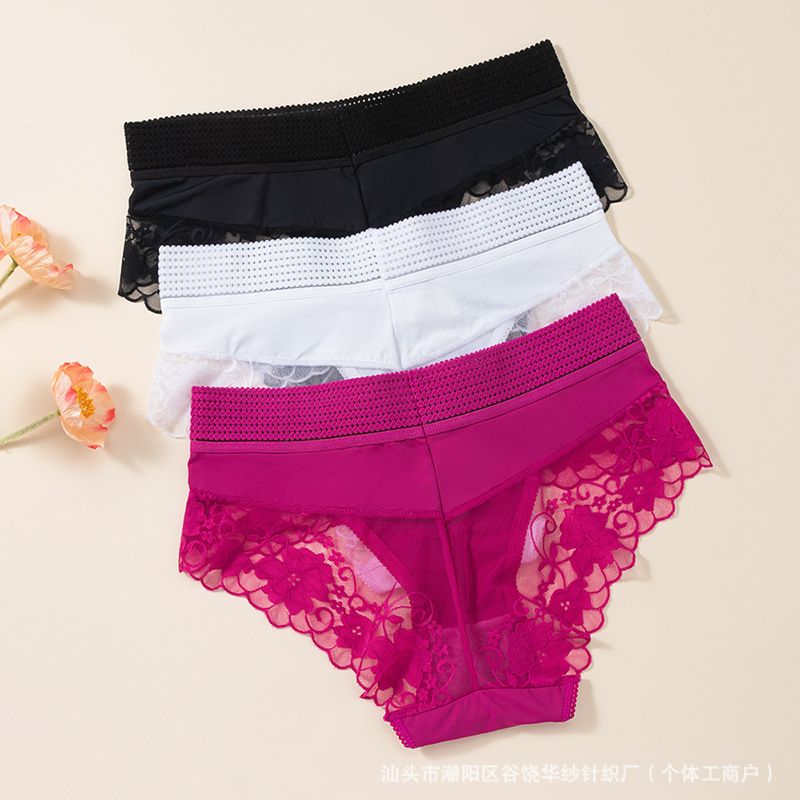 3PC Women's Comfort Lace Panties Women's Wide Waistband Mid-High Waist Hollow Out See Through Lace Triangle Panties cotton crotch see-through lace girls panties plus size Women's lace Panties