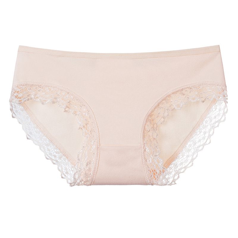 5PC New soft milk silk women's panties lace trim girls mid-waist solid color panties cute candy color student triangle panties soft and comfortable polyester fabrics (China size,choose a larger size )