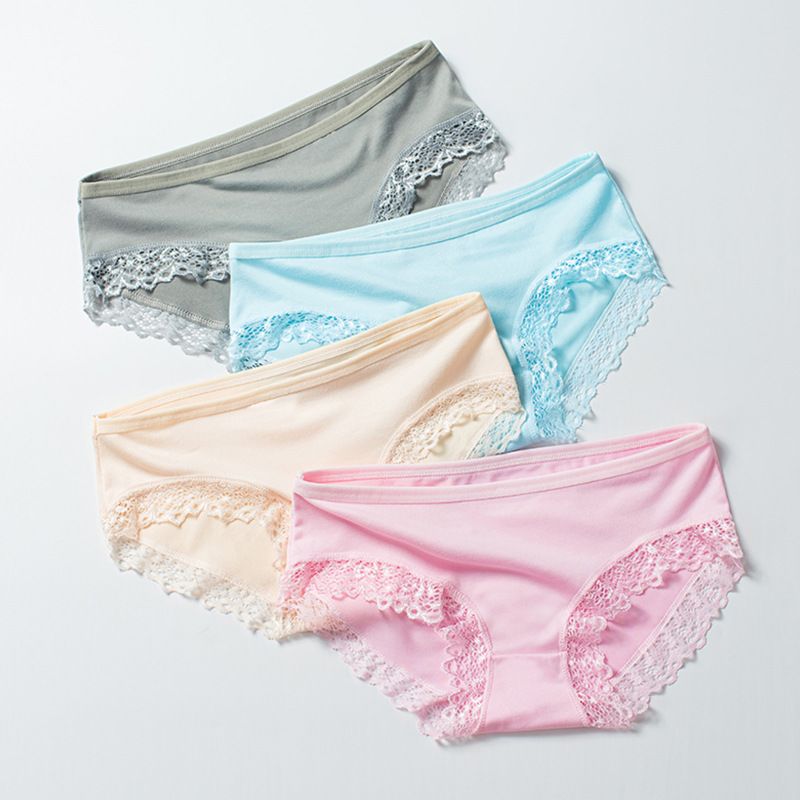 5PC New soft milk silk women's panties lace trim girls mid-waist solid color panties cute candy color student triangle panties soft and comfortable polyester fabrics (China size,choose a larger size )