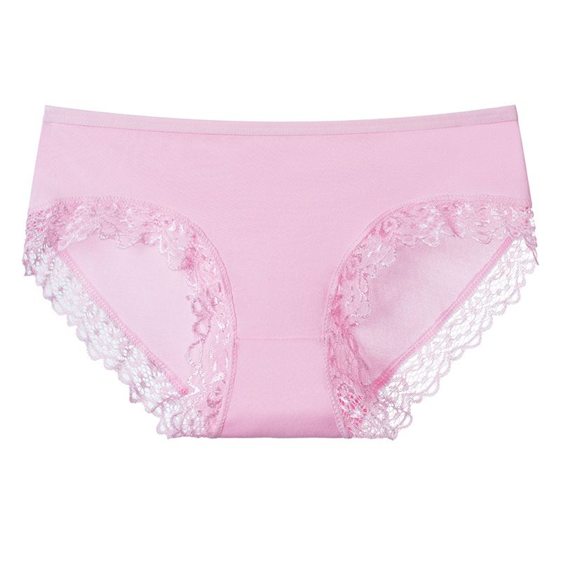 5PC New soft milk silk women's panties lace trim girls mid-waist solid color panties cute candy color student triangle panties soft and comfortable polyester fabrics (China size,choose a larger size )