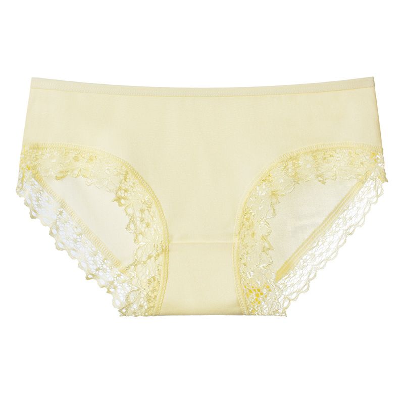 5PC New soft milk silk women's panties lace trim girls mid-waist solid color panties cute candy color student triangle panties soft and comfortable polyester fabrics (China size,choose a larger size )