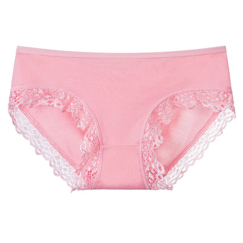 5PC New soft milk silk women's panties lace trim girls mid-waist solid color panties cute candy color student triangle panties soft and comfortable polyester fabrics (China size,choose a larger size )