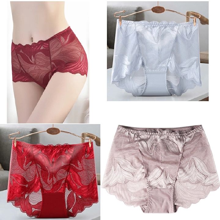 4 Pack Women Ladies Comfort Lace Underwear High Waist Briefs embroidered cotton crotch Tummy Control Panties Underpants