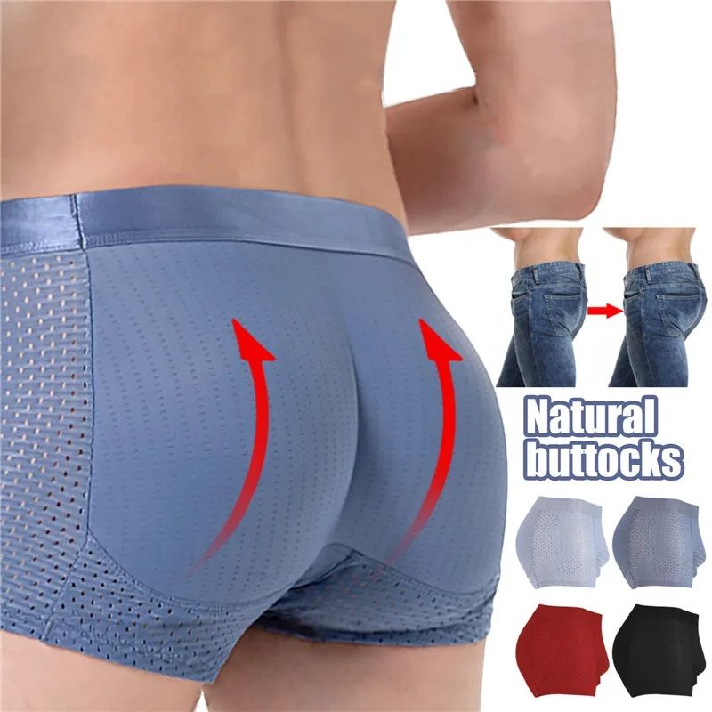 Men Trunks Built-in Fake Butt Hip Lifter Enhancer Shorts Boxer Briefs Padded Underwear Shapewear Underpants Nylon Breathabl Men Shaped Underpants Shorts Men Shaper Latex Buttock Pad Underpants Seamles