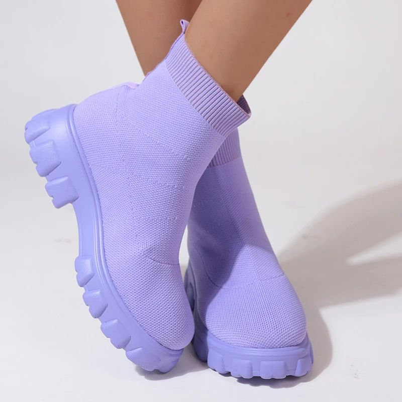 Mesh Breathable Sock Boots Women's Candy Color Pancake Thick Sole Large Size Short Boots Women Ankle Boots Lightweight Casual Shoes for Women Wedge Fashion Sock Boots Knitting Winter Medium Tube Platf